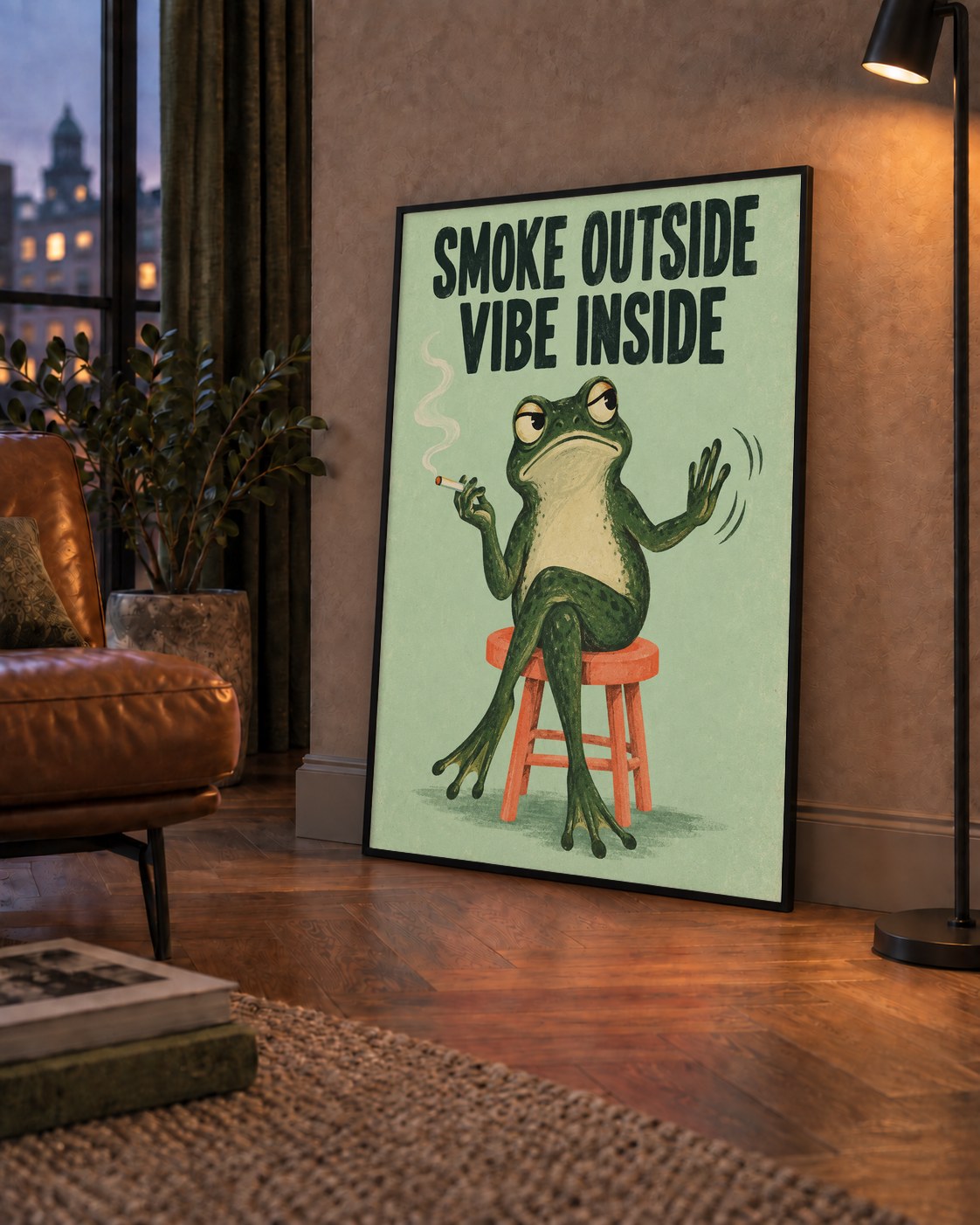 Sigara İçen Kurbağa Retro Mizahi Poster – Smoke Outside Vibe Inside — çerçeveli hâliyle bir ev duvarında