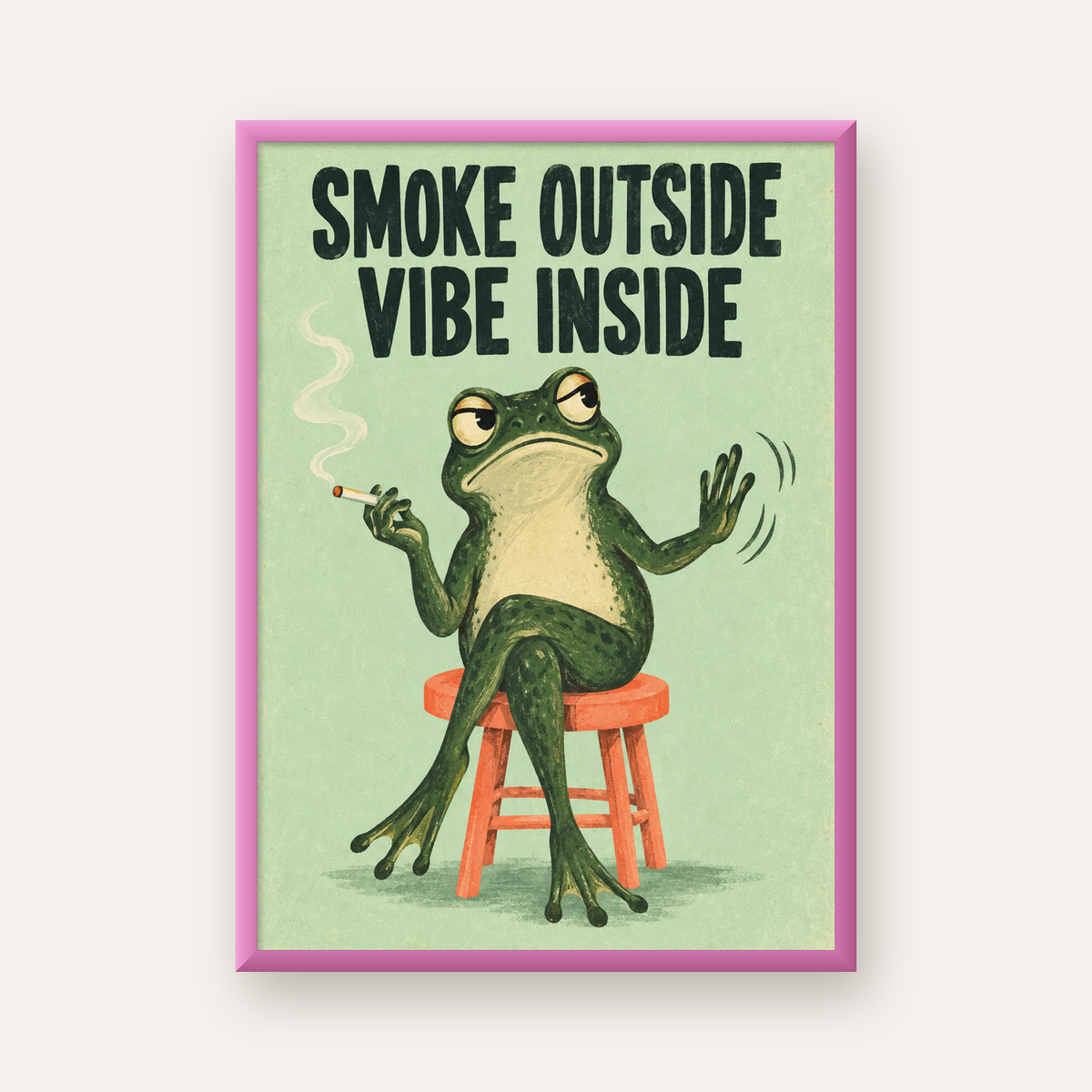 Sigara İçen Kurbağa Retro Mizahi Poster – Smoke Outside Vibe Inside — pembe çerçeveli