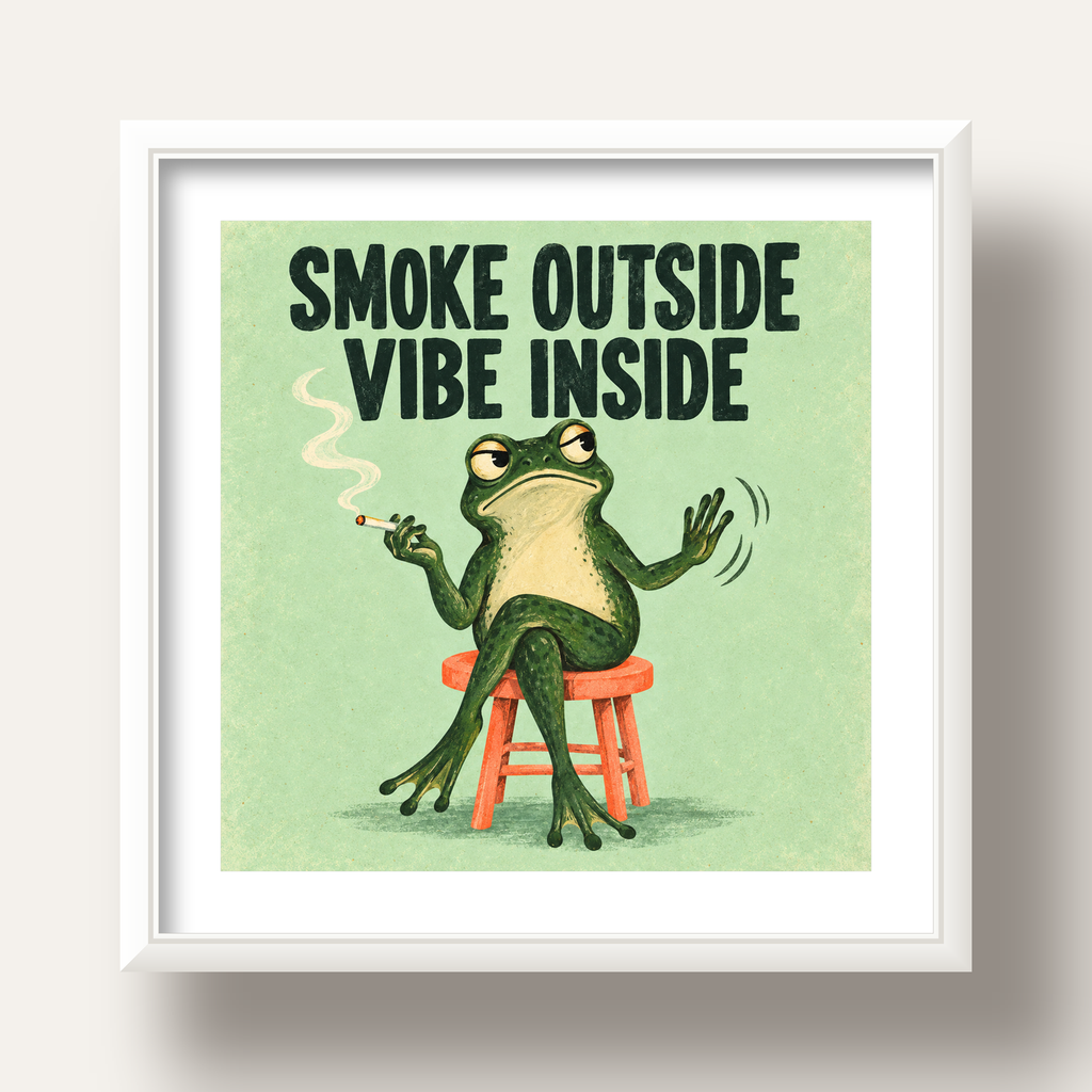 Sigara İçen Kurbağa Retro Mizahi Poster – Smoke Outside Vibe Inside — beyaz derin çerçeveli paspartulu