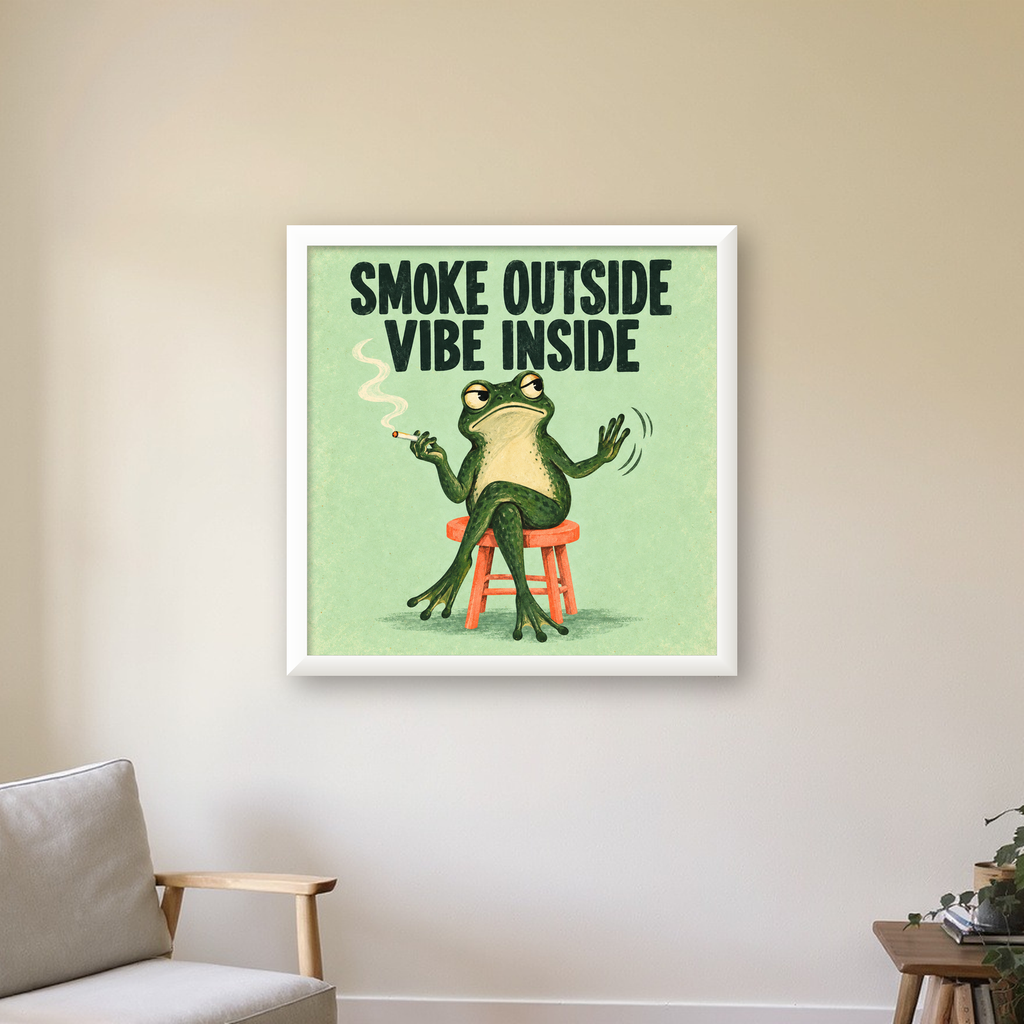 Sigara İçen Kurbağa Retro Mizahi Poster – Smoke Outside Vibe Inside — beyaz çerçeveli kare poster