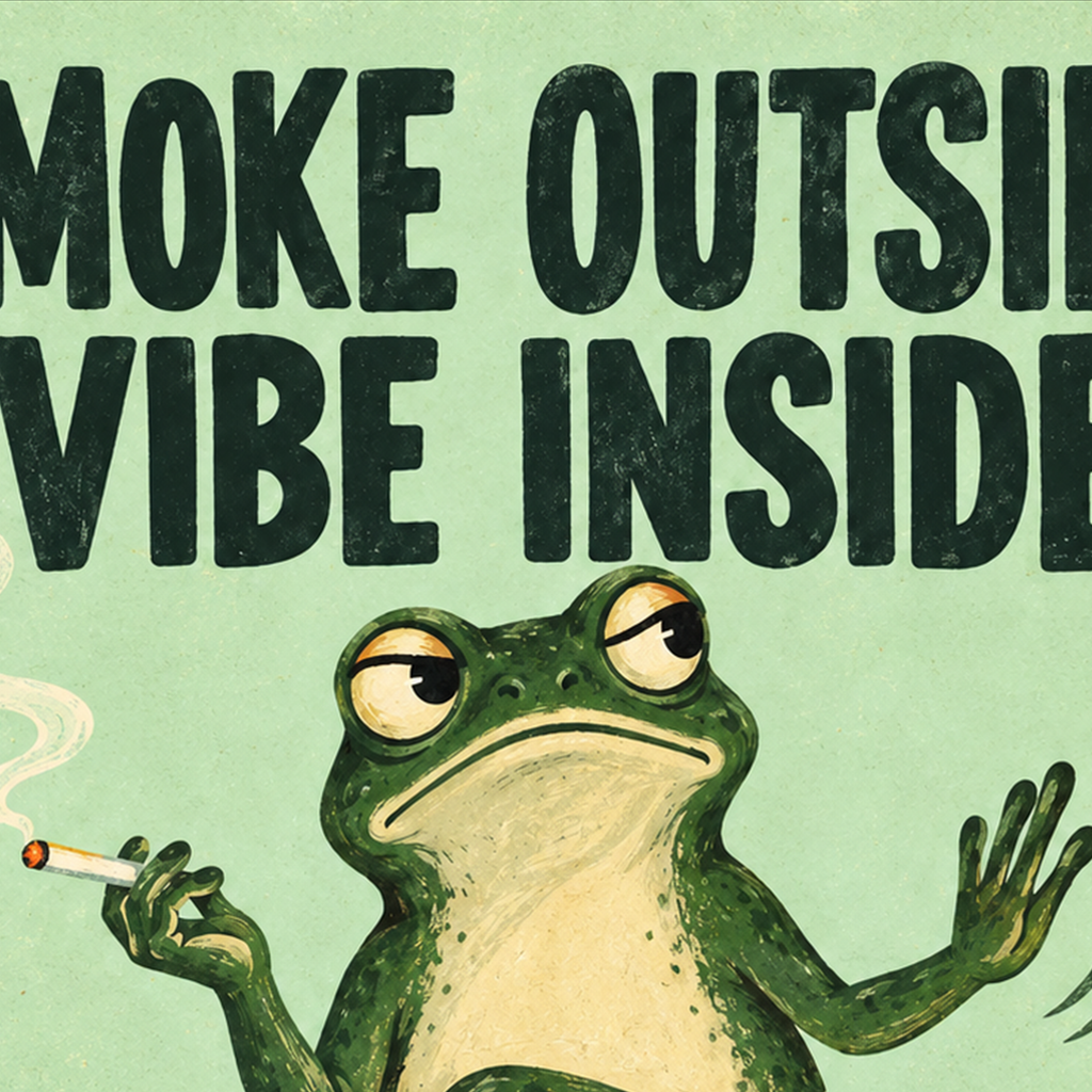 Sigara İçen Kurbağa Retro Mizahi Poster – Smoke Outside Vibe Inside — baskının yakın çekimi, kâğıt dokusu ve renk detayı
