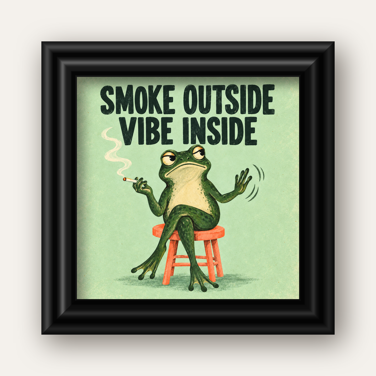 Sigara İçen Kurbağa Retro Mizahi Poster – Smoke Outside Vibe Inside — siyah galeri çerçeveli