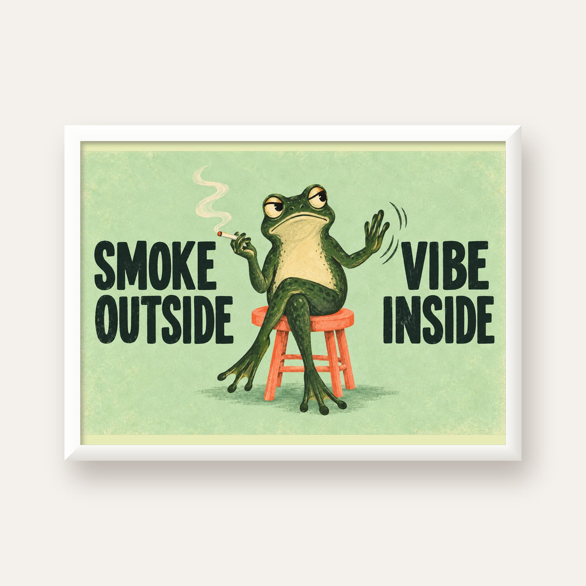 Sigara İçen Kurbağa Retro Mizahi Poster – Smoke Outside Vibe Inside — beyaz çerçeveli yatay poster