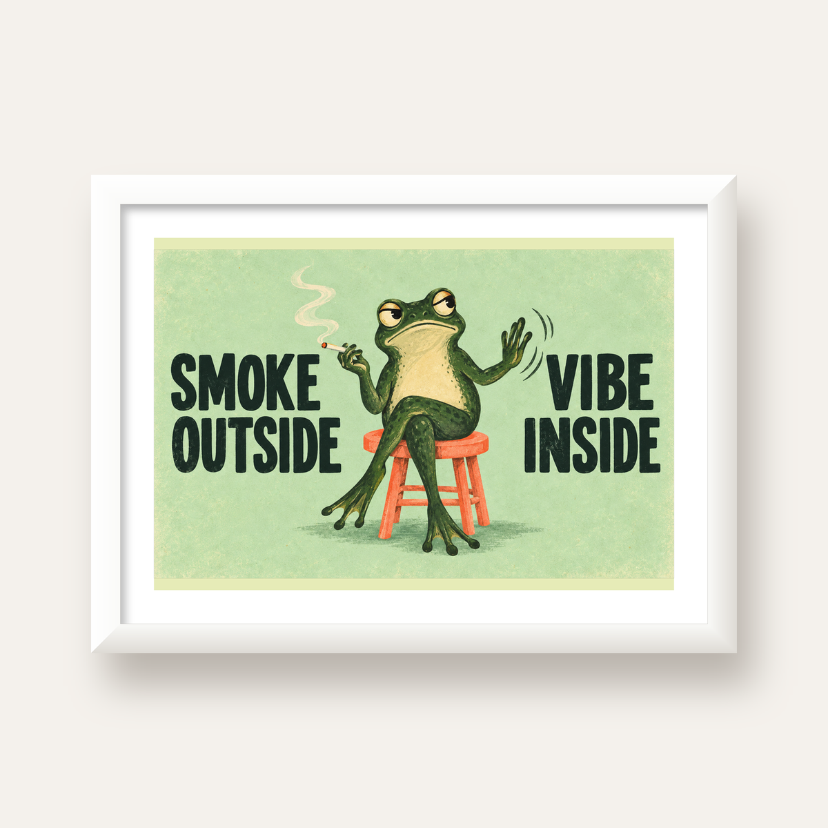 Sigara İçen Kurbağa Retro Mizahi Poster – Smoke Outside Vibe Inside — beyaz çerçeveli yatay poster