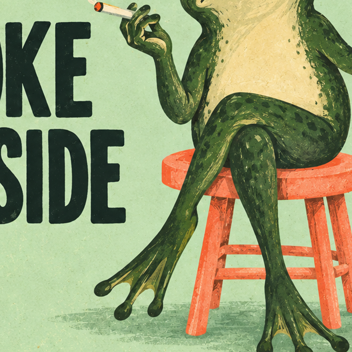 Sigara İçen Kurbağa Retro Mizahi Poster – Smoke Outside Vibe Inside — baskının yakın çekimi, kâğıt dokusu ve renk detayı