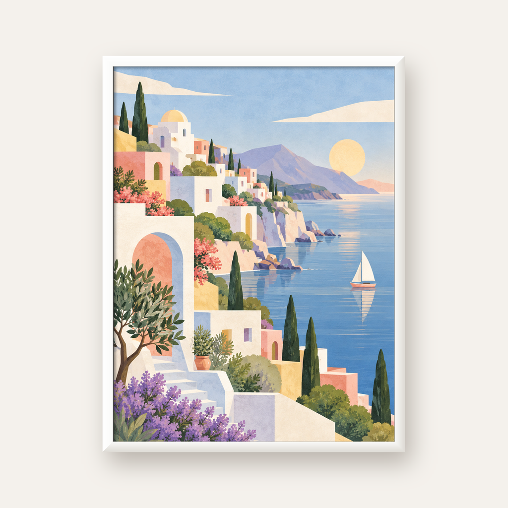 Soft Akdeniz Sahil Kasabası — beyaz çerçeveli dikey poster