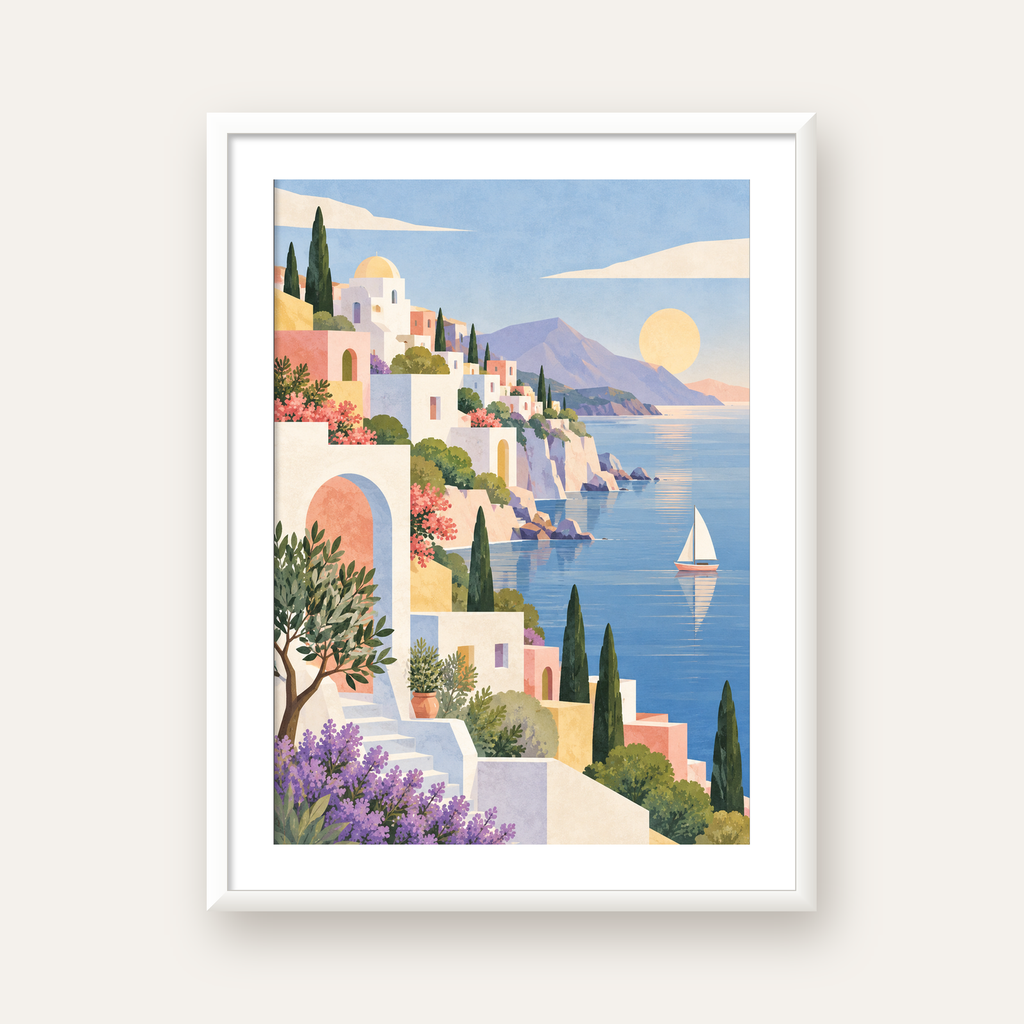 Soft Akdeniz Sahil Kasabası — beyaz çerçeveli dikey poster