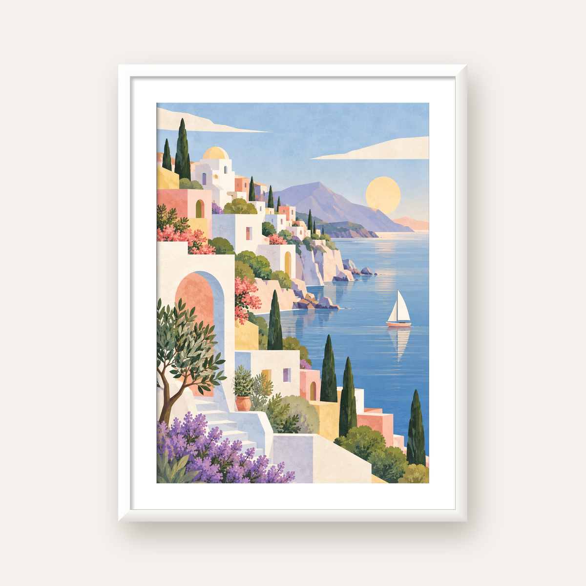 Soft Akdeniz Sahil Kasabası — beyaz çerçeveli dikey poster