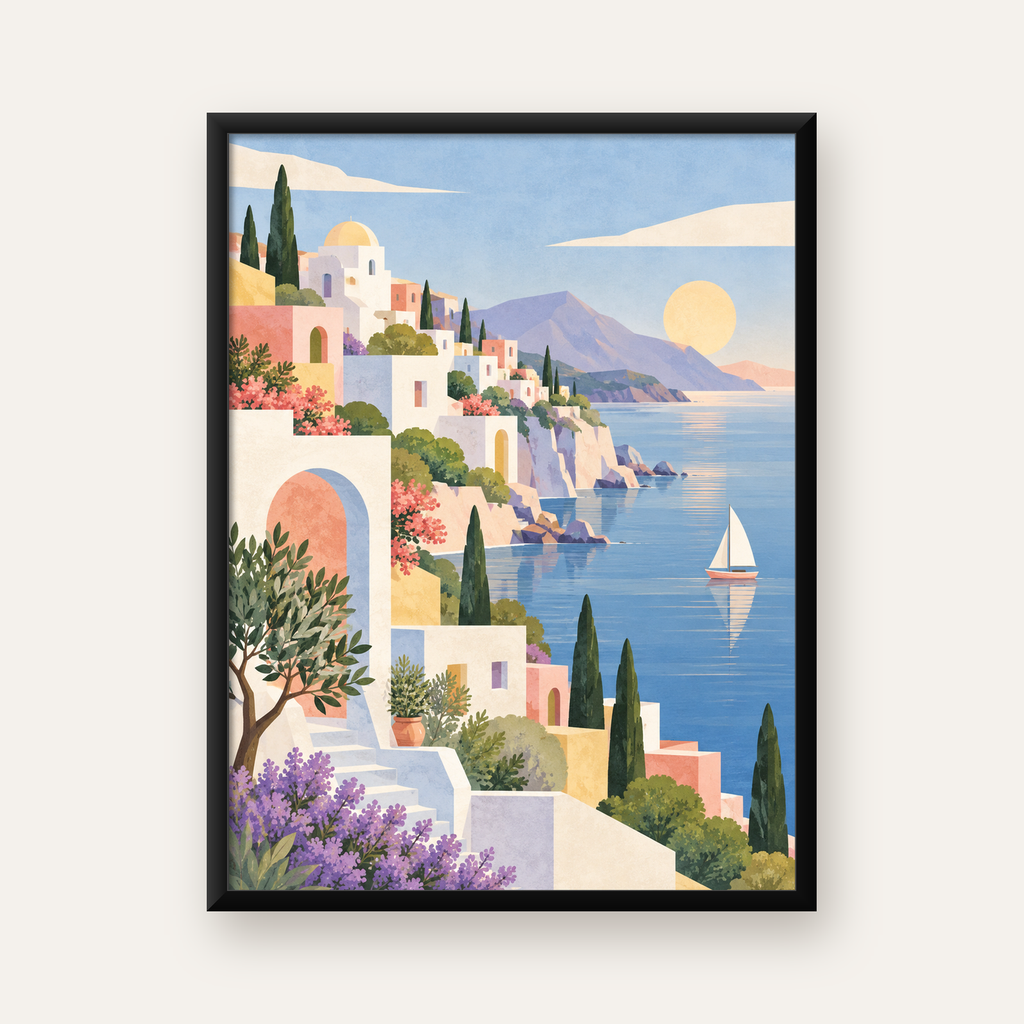 Akdeniz Kıyı Kasabası Manzarası Pastel Poster — Dikey baskı, düz siyah çerçeveli duvar posteri