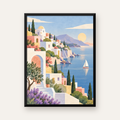Akdeniz Kıyı Kasabası Manzarası Pastel Poster — Dikey baskı, düz siyah çerçeveli duvar posteri