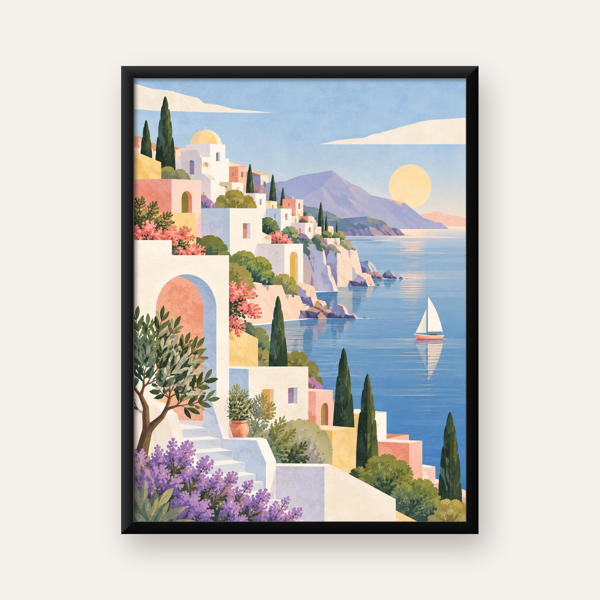 Akdeniz Kıyı Kasabası Manzarası Pastel Poster — Dikey baskı, düz siyah çerçeveli duvar posteri