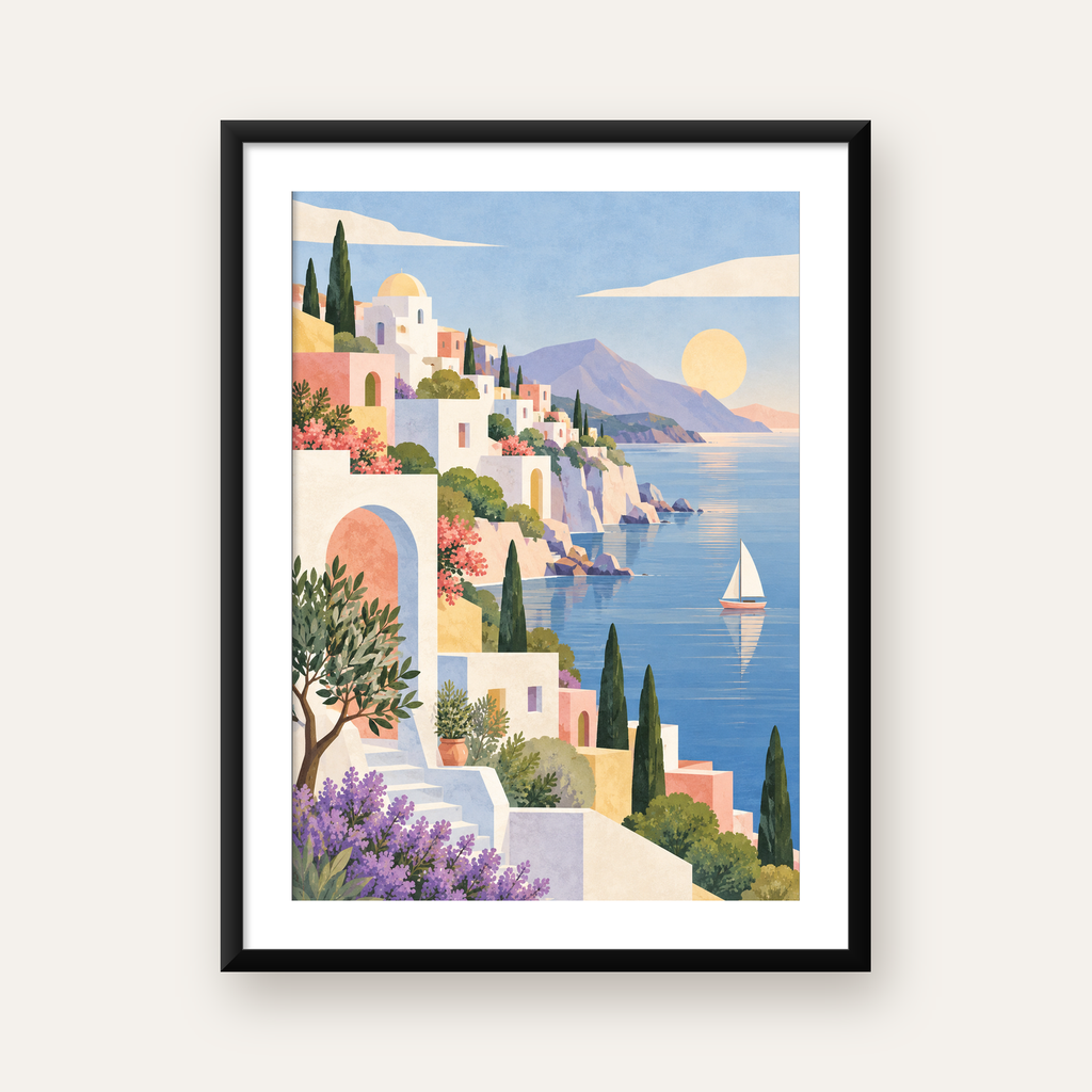 Akdeniz Kıyı Kasabası Manzarası Pastel Poster — Dikey baskı, beyaz kenar boşluklu
