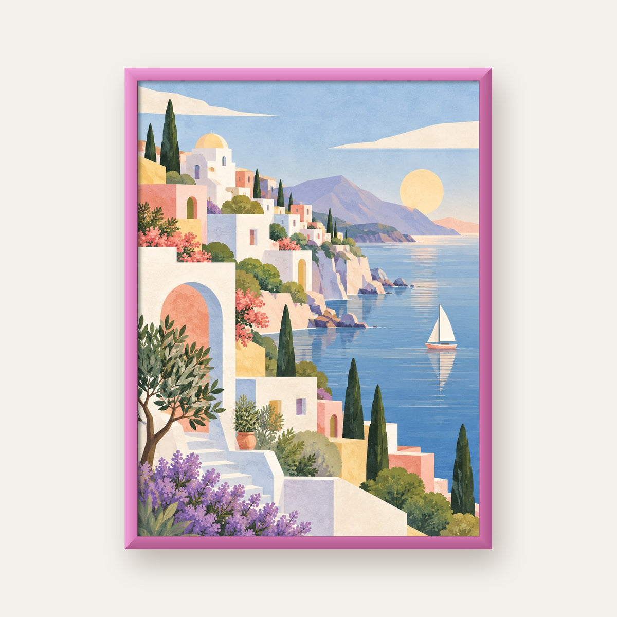 Soft Akdeniz Sahil Kasabası — pembe çerçeveli
