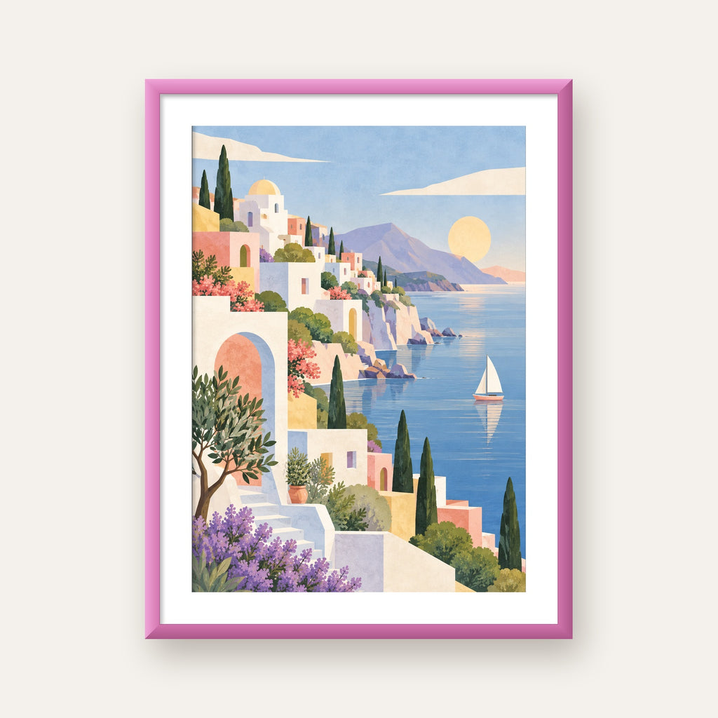 Soft Akdeniz Sahil Kasabası — pembe çerçeveli paspartulu
