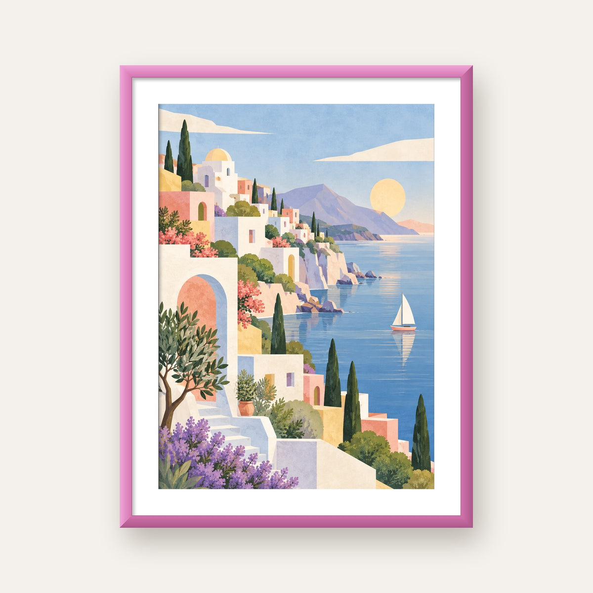 Soft Akdeniz Sahil Kasabası — pembe çerçeveli paspartulu