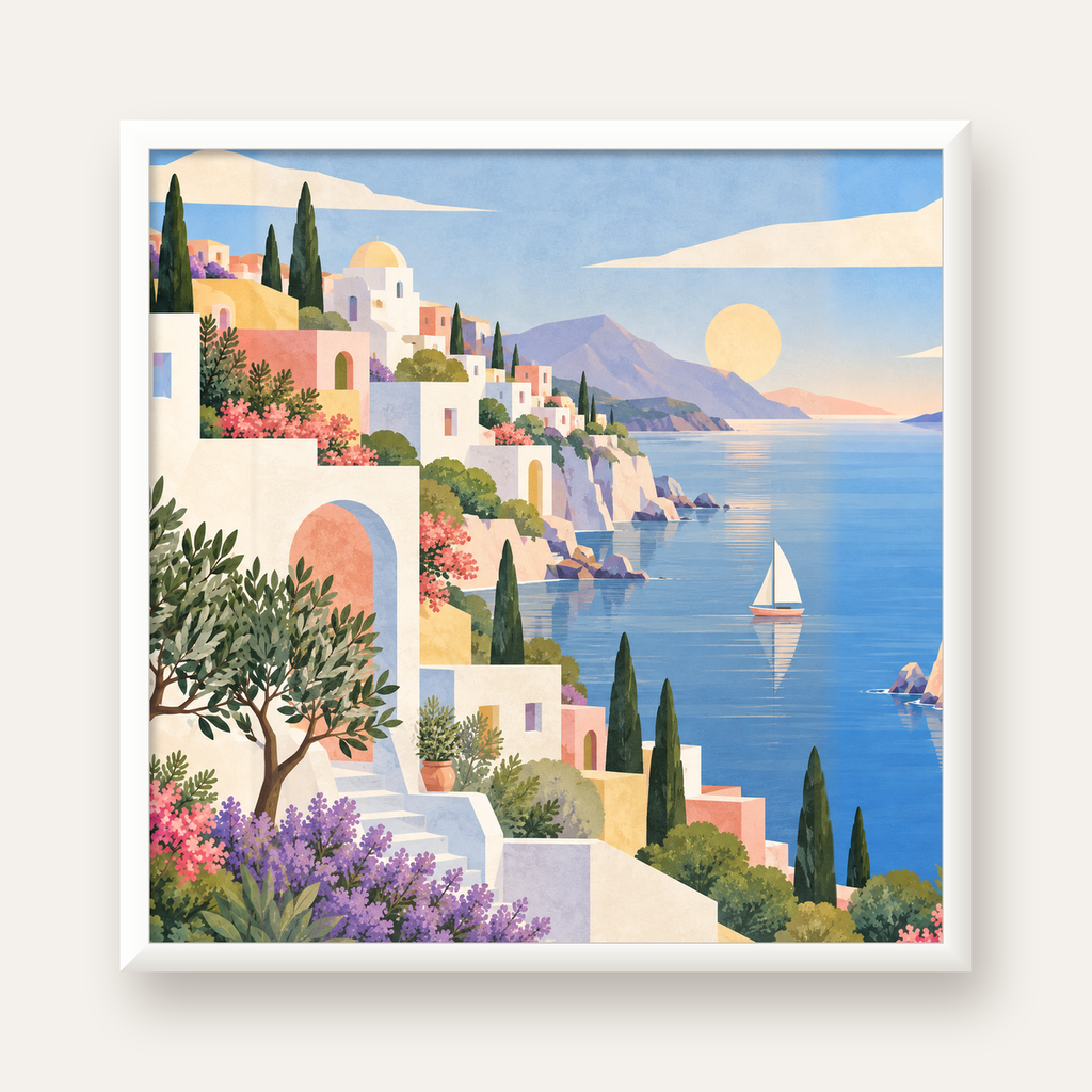 Soft Akdeniz Sahil Kasabası — beyaz çerçeveli kare poster