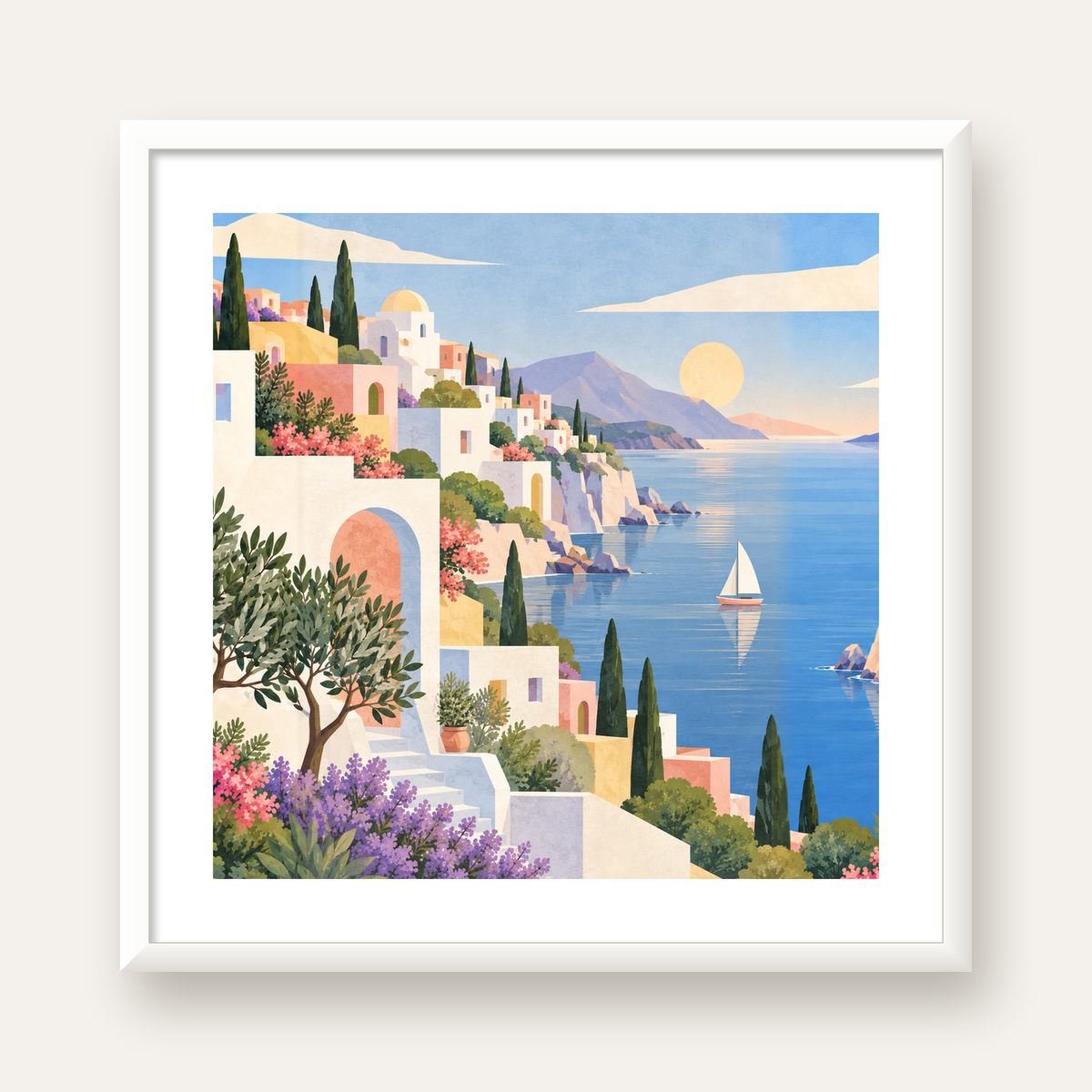 Soft Akdeniz Sahil Kasabası — beyaz çerçeveli kare poster