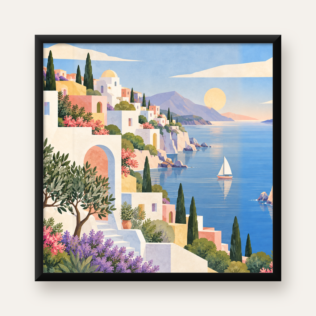 Akdeniz Kıyı Kasabası Manzarası Pastel Poster — Kare baskı, düz siyah çerçeveli duvar posteri