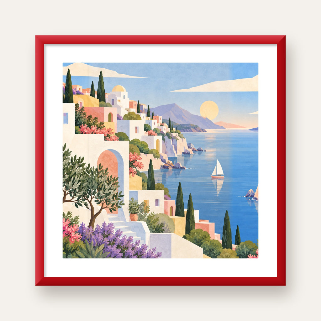 Soft Akdeniz Sahil Kasabası — kırmızı çerçeveli paspartulu