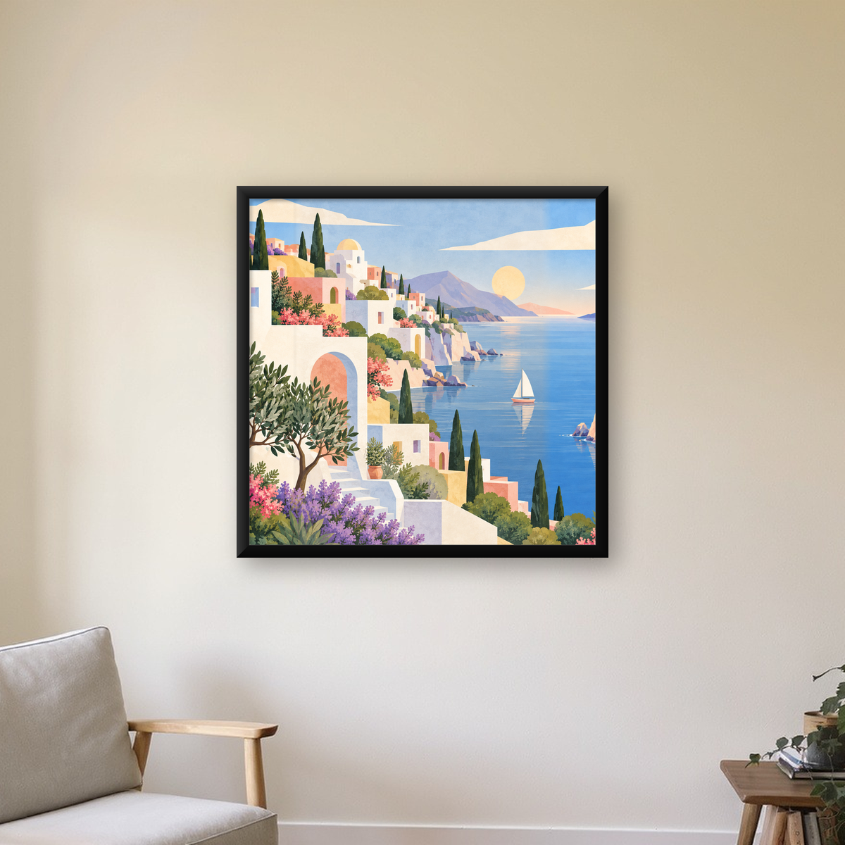Akdeniz Kıyı Kasabası Manzarası Pastel Poster — Kare baskı, çerçeveli hâliyle bir ev duvarında