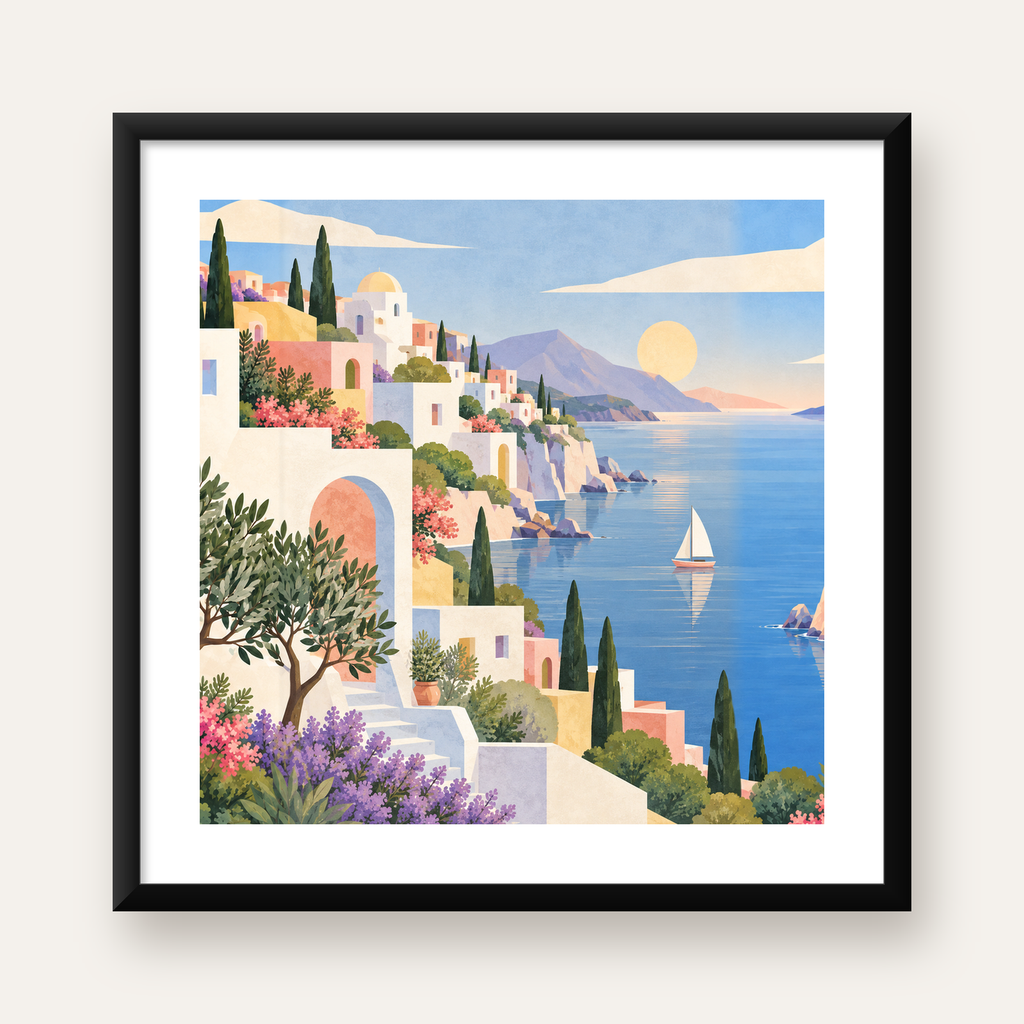 Akdeniz Kıyı Kasabası Manzarası Pastel Poster — Kare baskı, beyaz kenar boşluklu