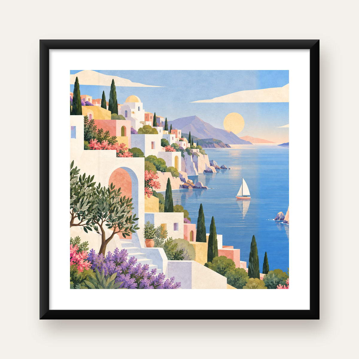 Akdeniz Kıyı Kasabası Manzarası Pastel Poster — Kare baskı, beyaz kenar boşluklu