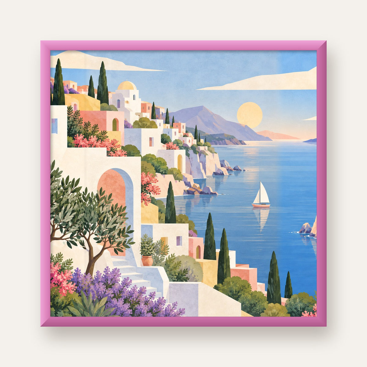 Soft Akdeniz Sahil Kasabası — pembe çerçeveli