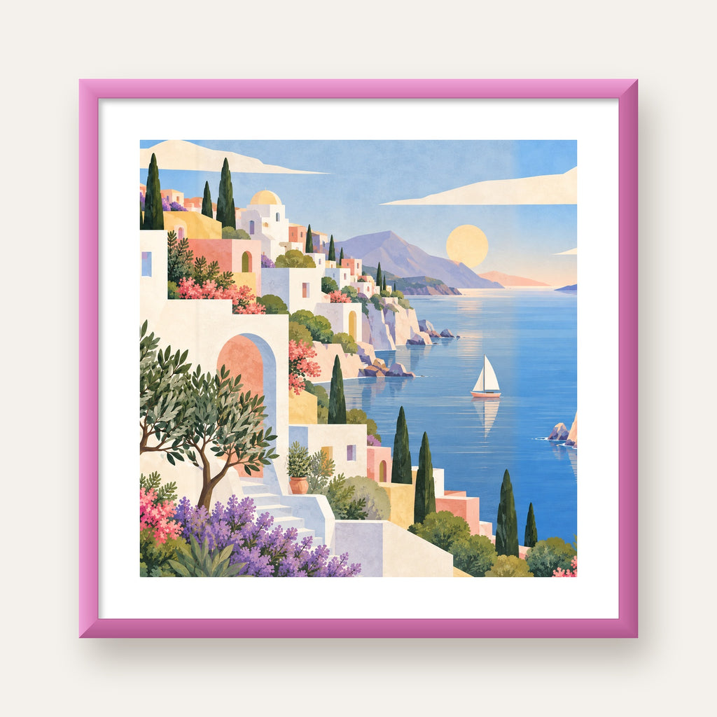Soft Akdeniz Sahil Kasabası — pembe çerçeveli paspartulu