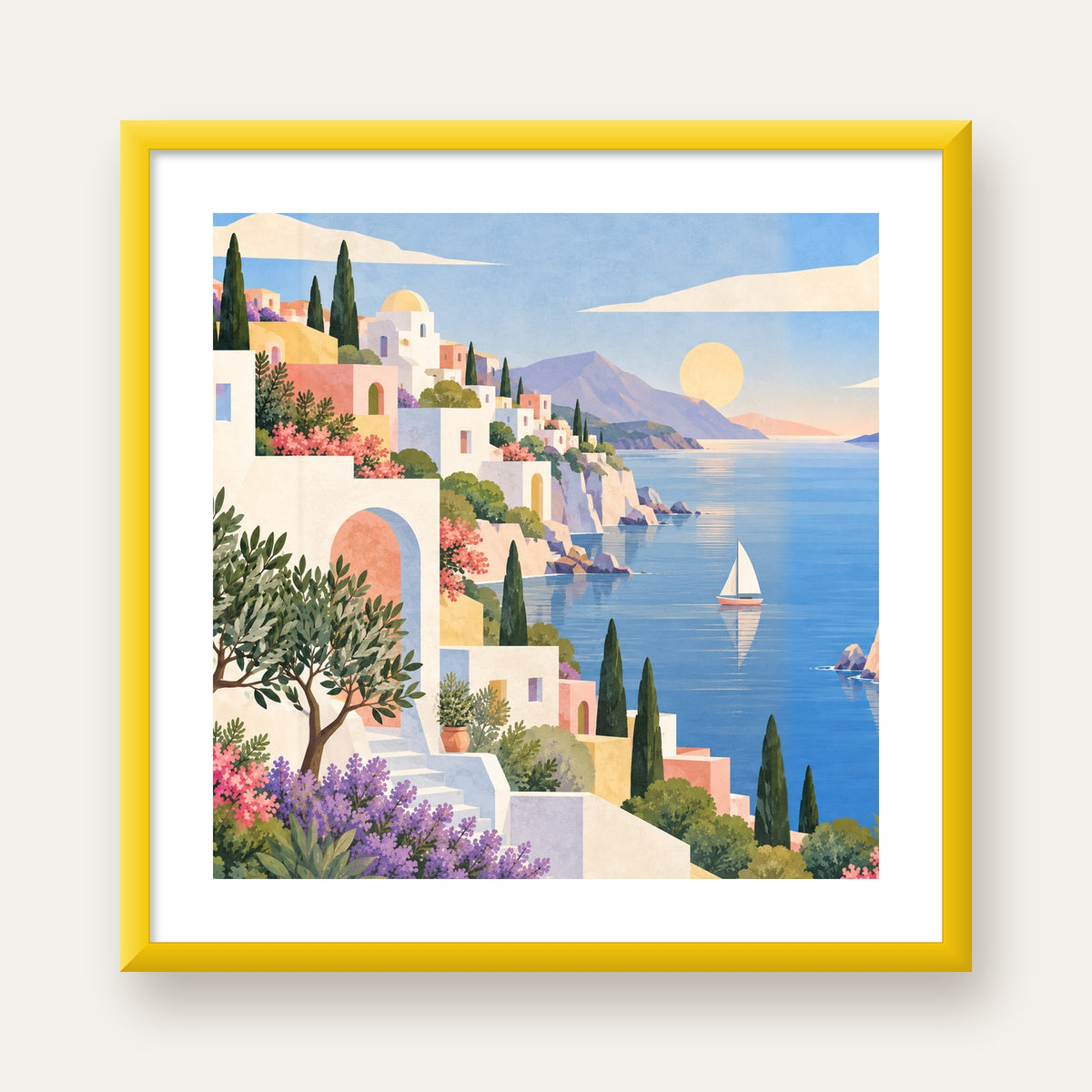 Soft Akdeniz Sahil Kasabası — sarı çerçeveli paspartulu