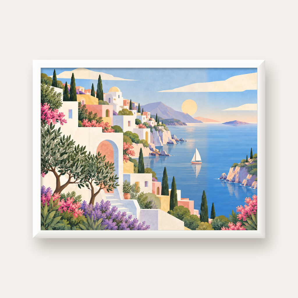 Soft Akdeniz Sahil Kasabası — beyaz çerçeveli yatay poster