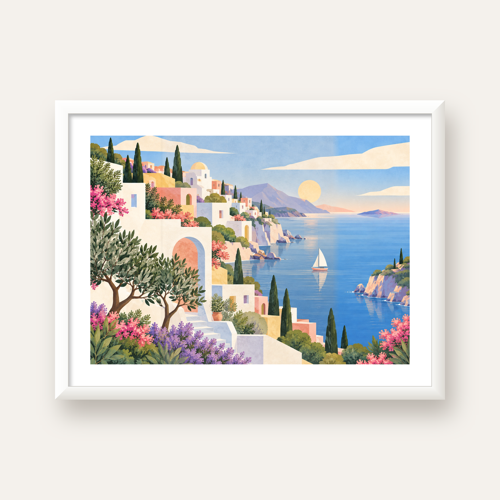 Soft Akdeniz Sahil Kasabası — beyaz çerçeveli yatay poster