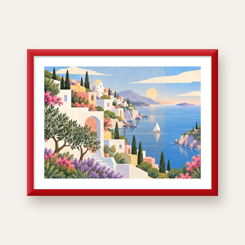 Soft Akdeniz Sahil Kasabası — kırmızı çerçeveli paspartulu