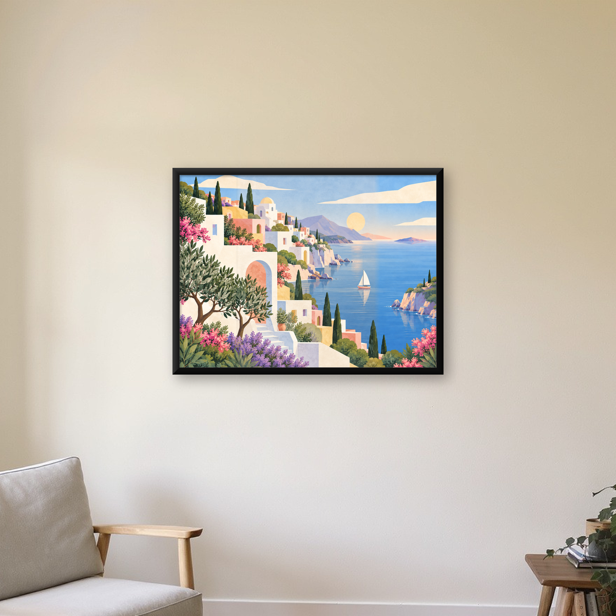 Akdeniz Kıyı Kasabası Manzarası Pastel Poster — Yatay baskı, çerçeveli hâliyle bir ev duvarında