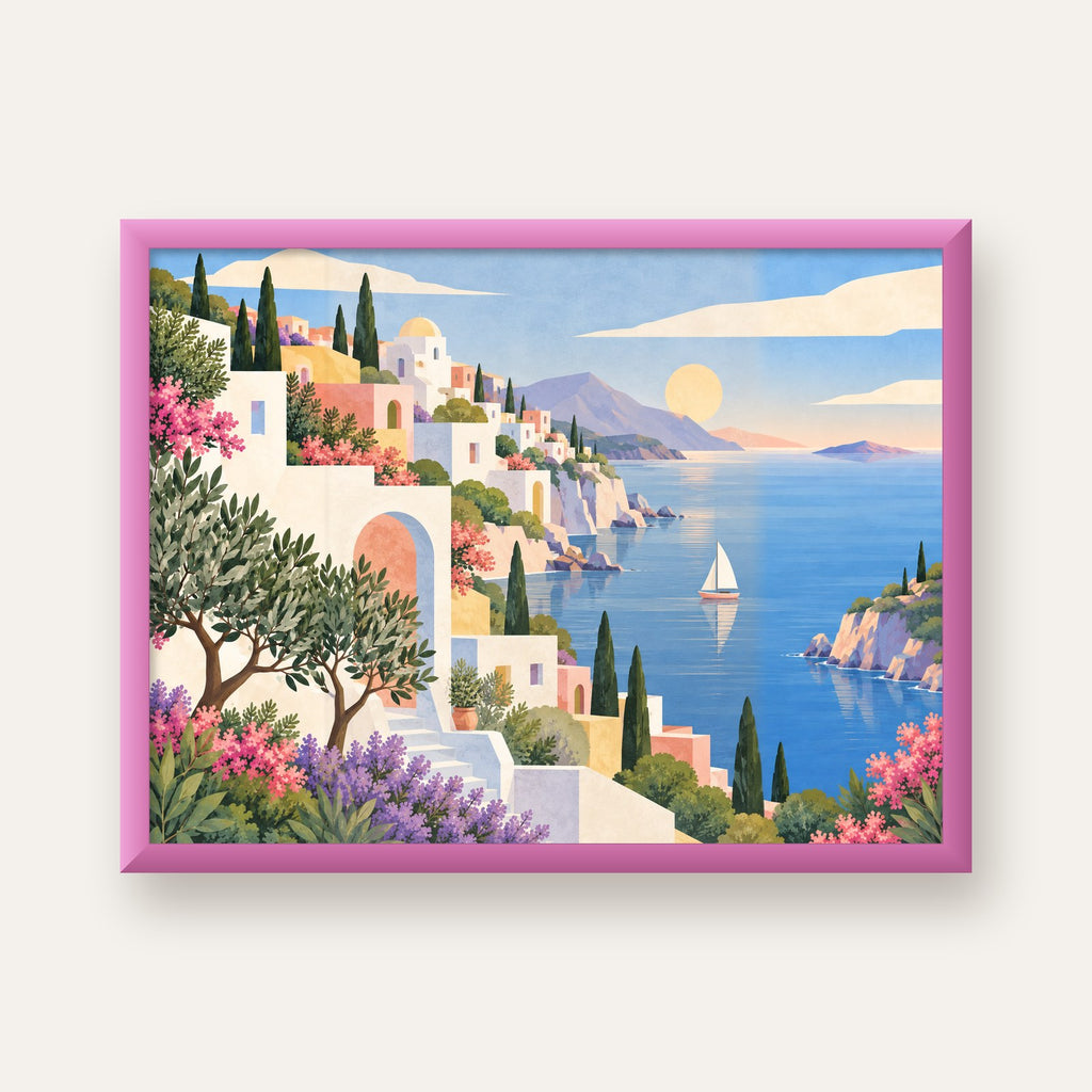 Soft Akdeniz Sahil Kasabası — pembe çerçeveli