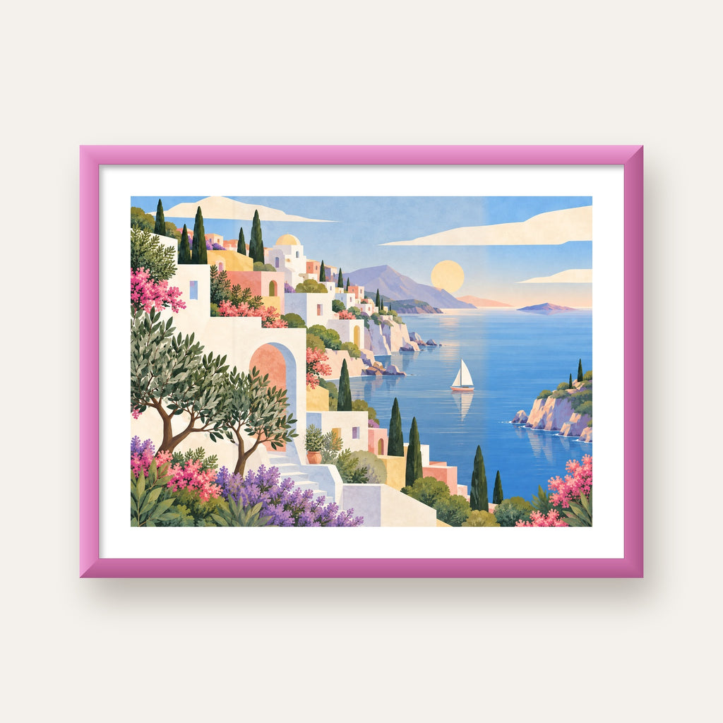 Soft Akdeniz Sahil Kasabası — pembe çerçeveli paspartulu