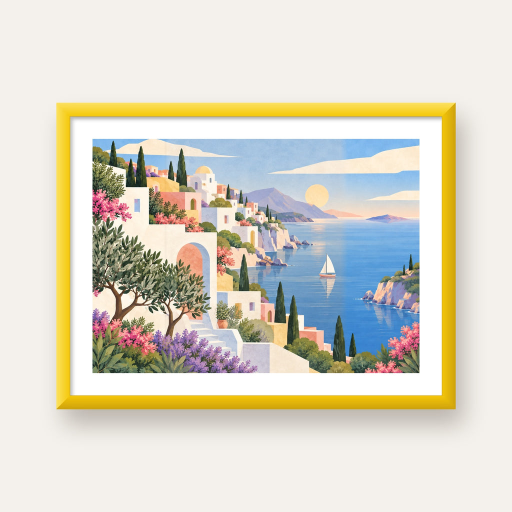 Soft Akdeniz Sahil Kasabası — sarı çerçeveli paspartulu