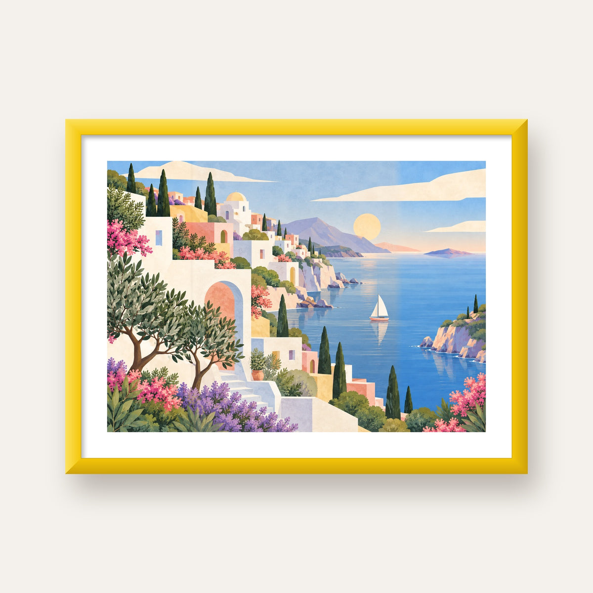 Soft Akdeniz Sahil Kasabası — sarı çerçeveli paspartulu