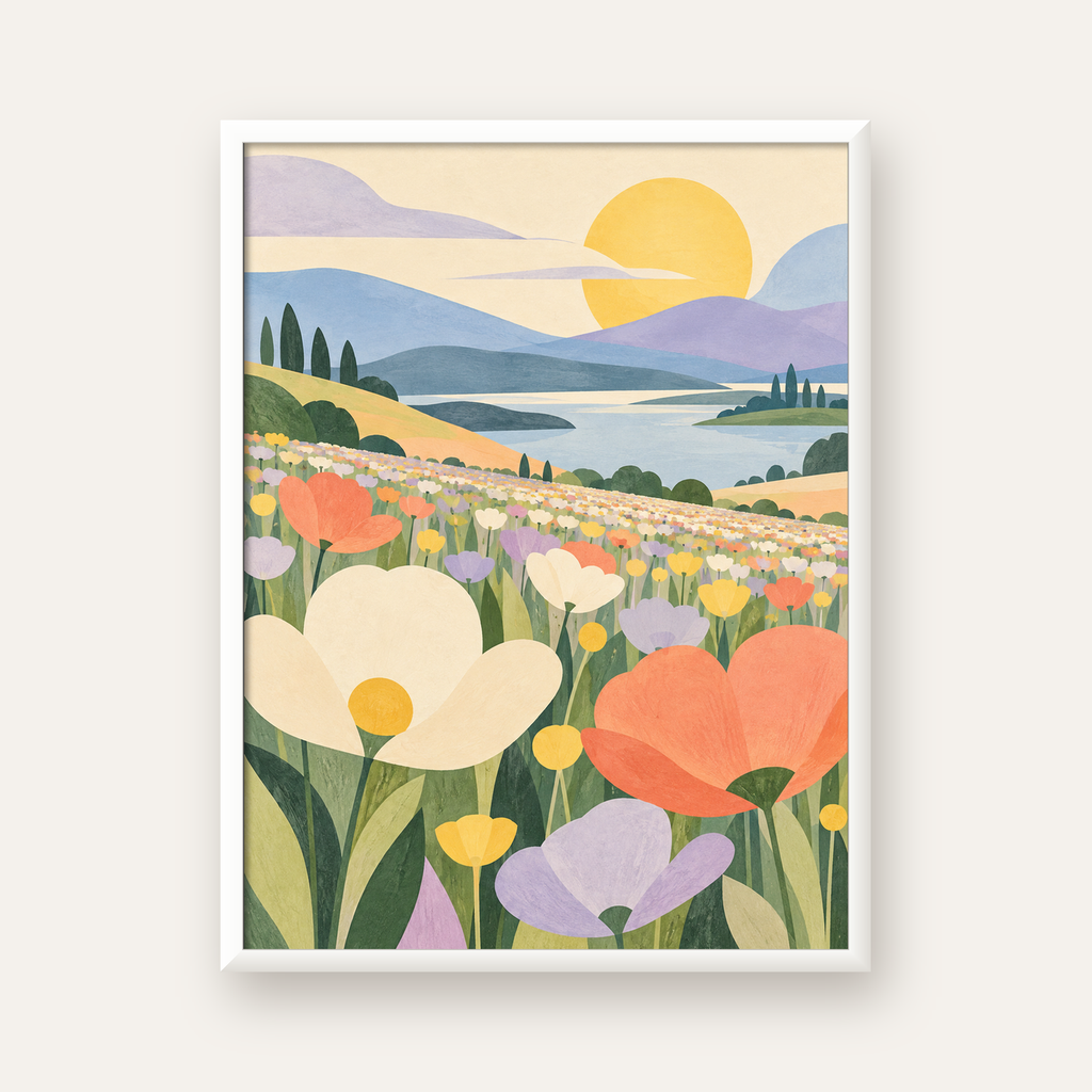 Soft Çiçekli Göl — beyaz çerçeveli dikey poster