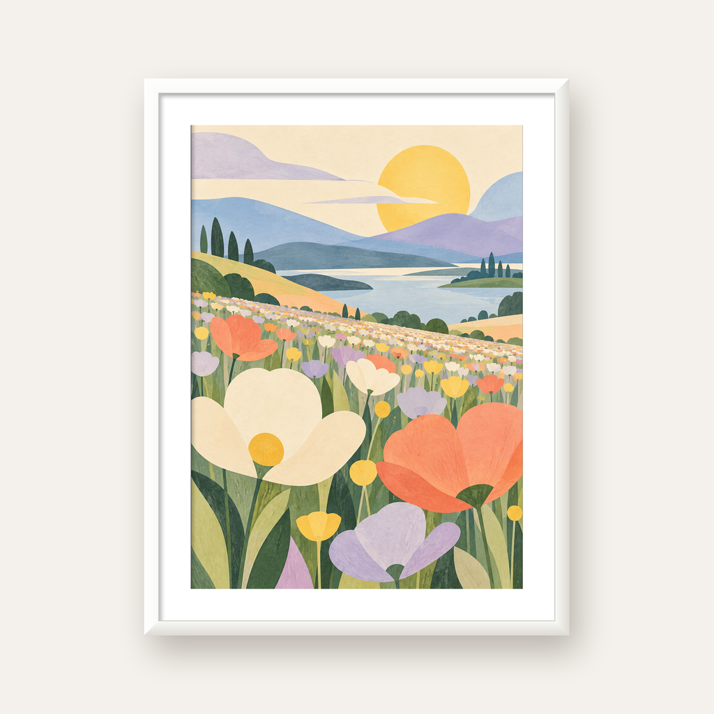 Soft Çiçekli Göl — beyaz çerçeveli dikey poster