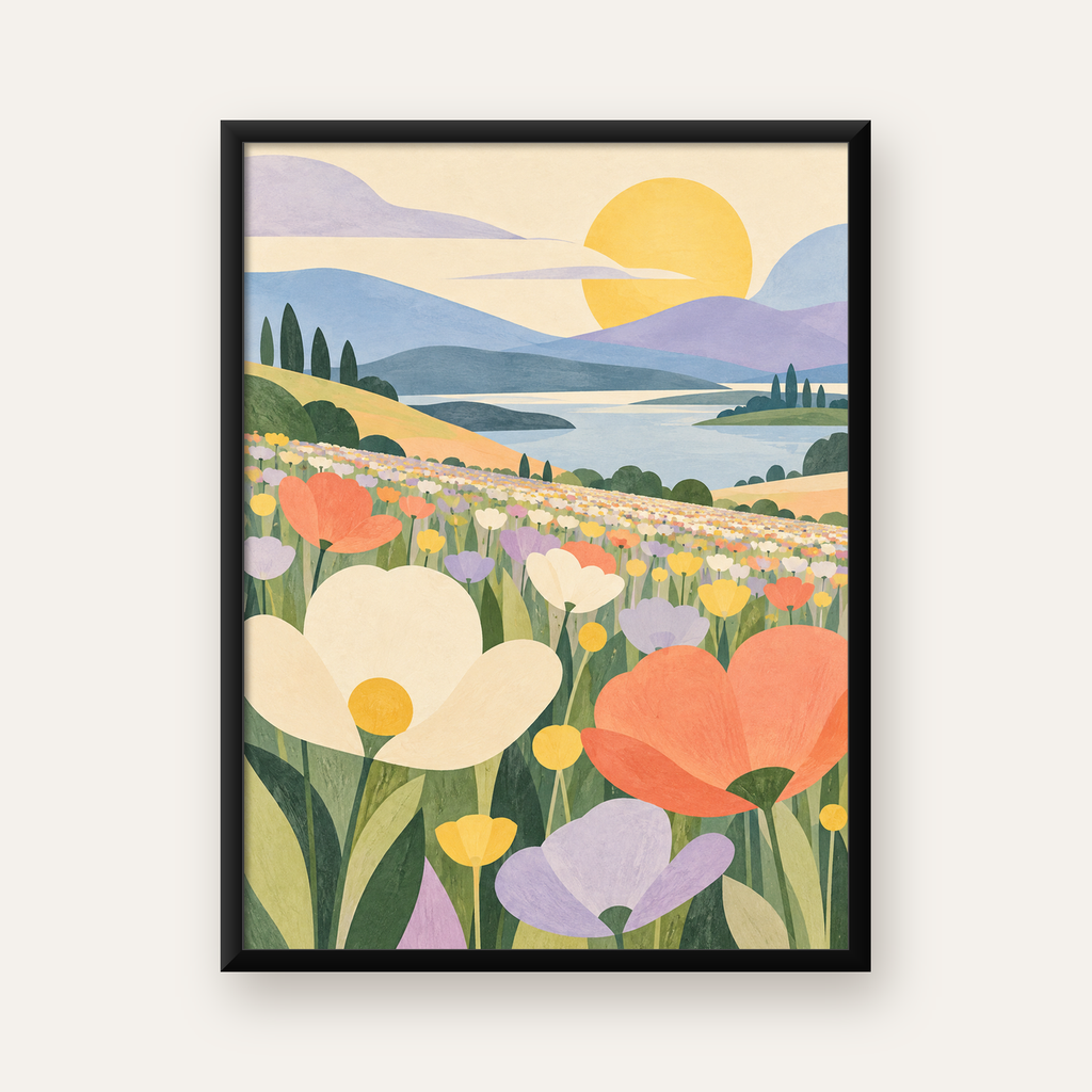 Çiçekli Pastoral Manzara Modern Poster – Yumuşak Tonlar — Dikey baskı, düz siyah çerçeveli duvar posteri