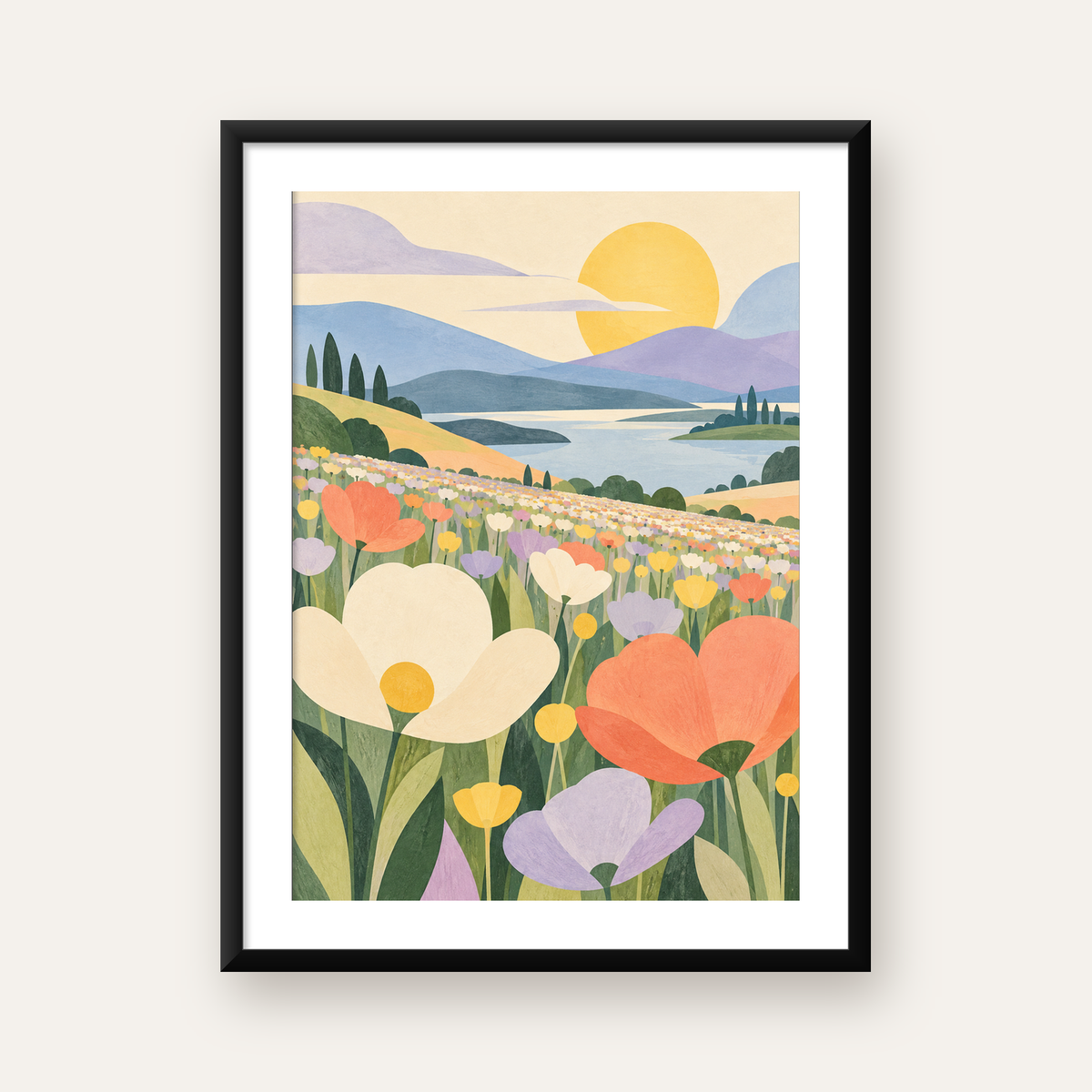 Çiçekli Pastoral Manzara Modern Poster – Yumuşak Tonlar — Dikey baskı, beyaz kenar boşluklu