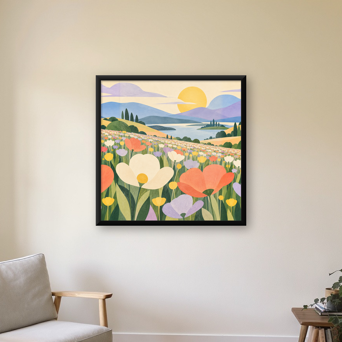 Çiçekli Pastoral Manzara Modern Poster – Yumuşak Tonlar — Kare baskı, çerçeveli hâliyle bir ev duvarında