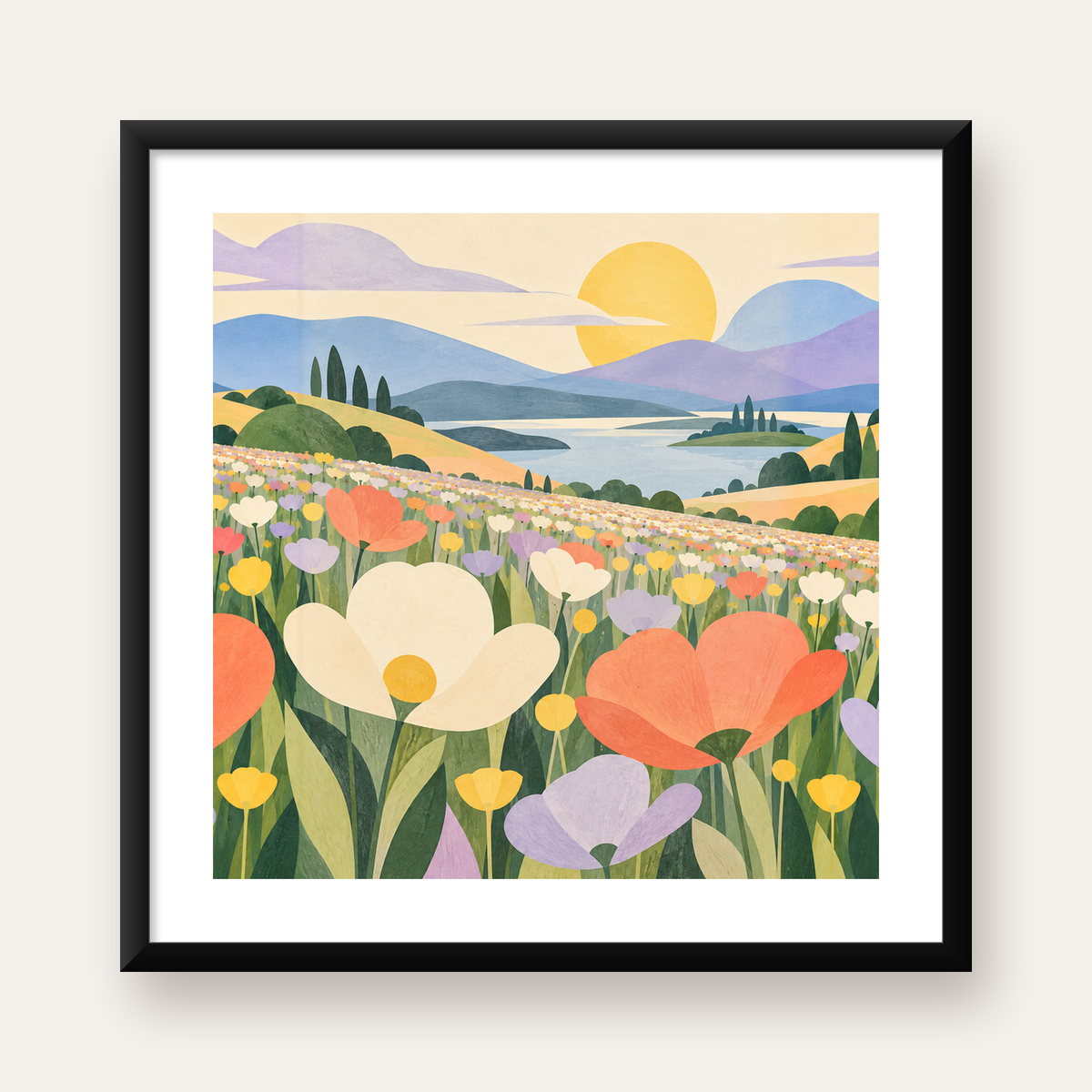 Çiçekli Pastoral Manzara Modern Poster – Yumuşak Tonlar — Kare baskı, beyaz kenar boşluklu
