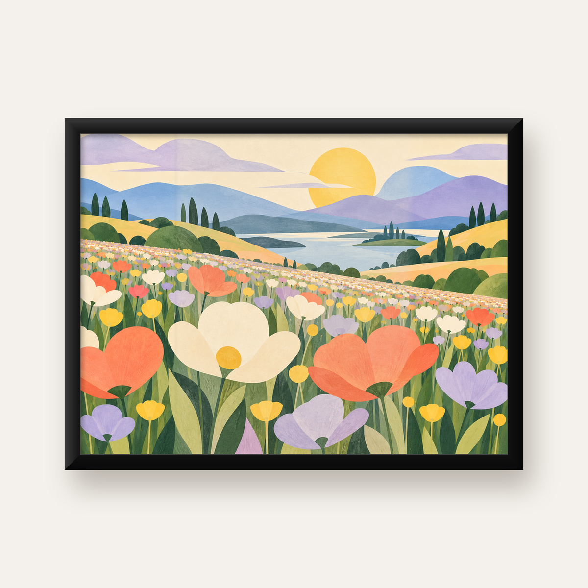 Çiçekli Pastoral Manzara Modern Poster – Yumuşak Tonlar — Yatay baskı, düz siyah çerçeveli duvar posteri