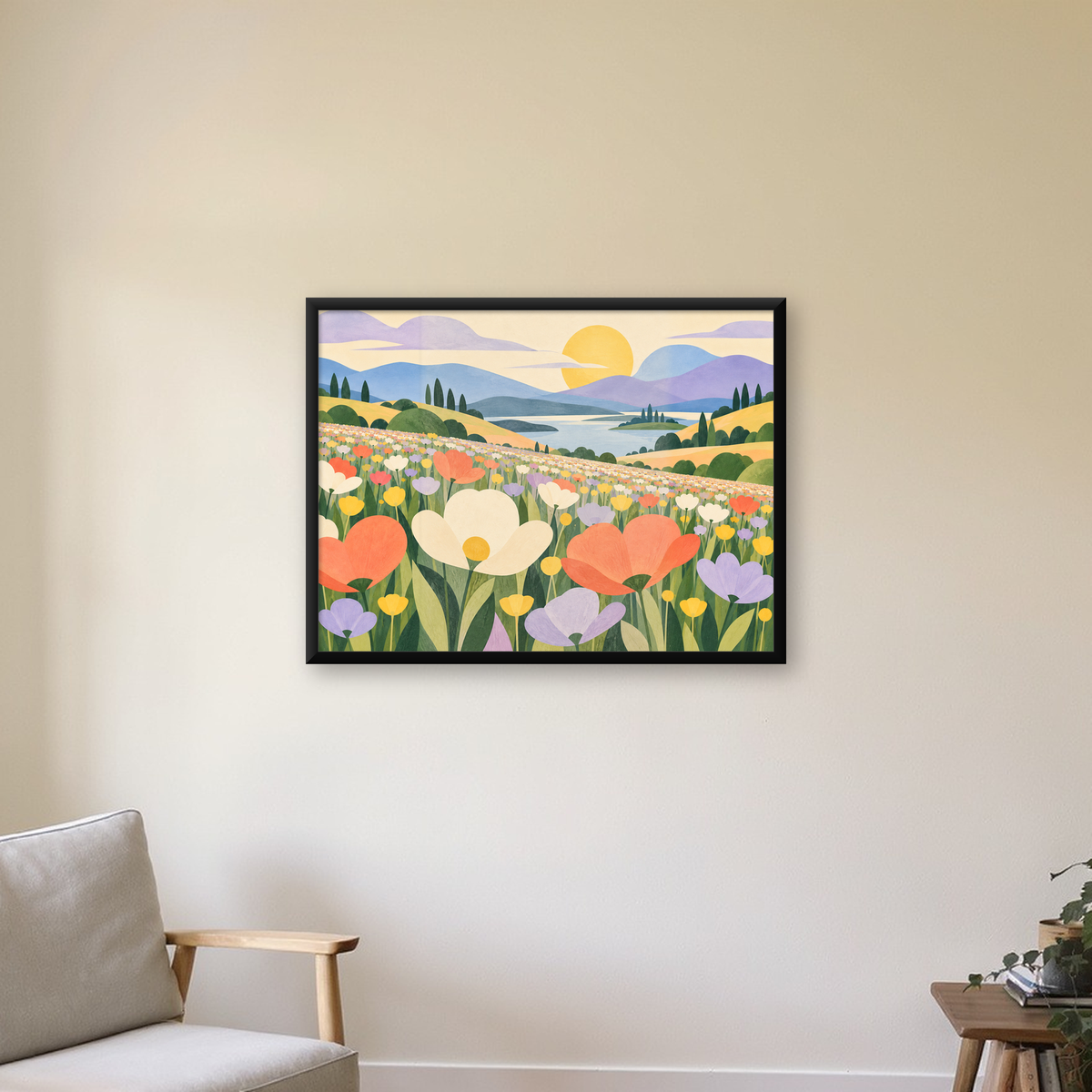 Çiçekli Pastoral Manzara Modern Poster – Yumuşak Tonlar — Yatay baskı, çerçeveli hâliyle bir ev duvarında