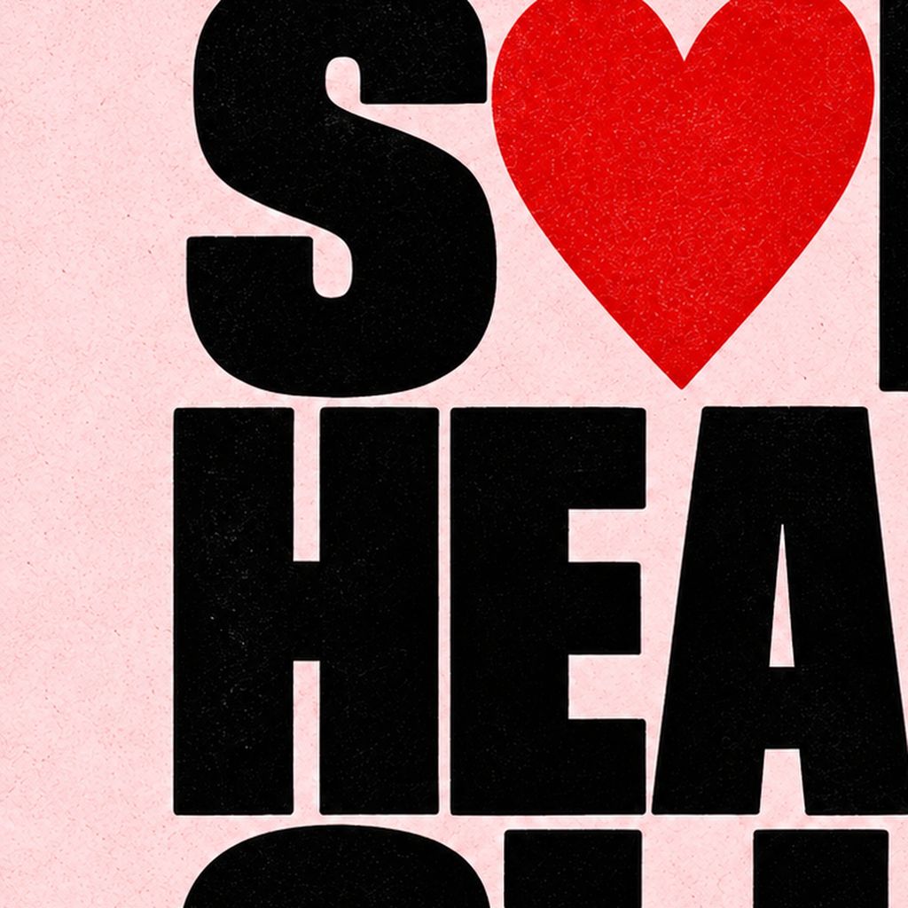 Soft Heart Club Tipografi ve Kalp İllüstrasyonlu Poster — baskının yakın çekimi, kâğıt dokusu ve renk detayı