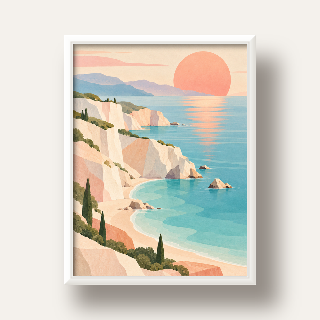 Soft Pastel Kayalık Sahil — beyaz derin çerçeveli