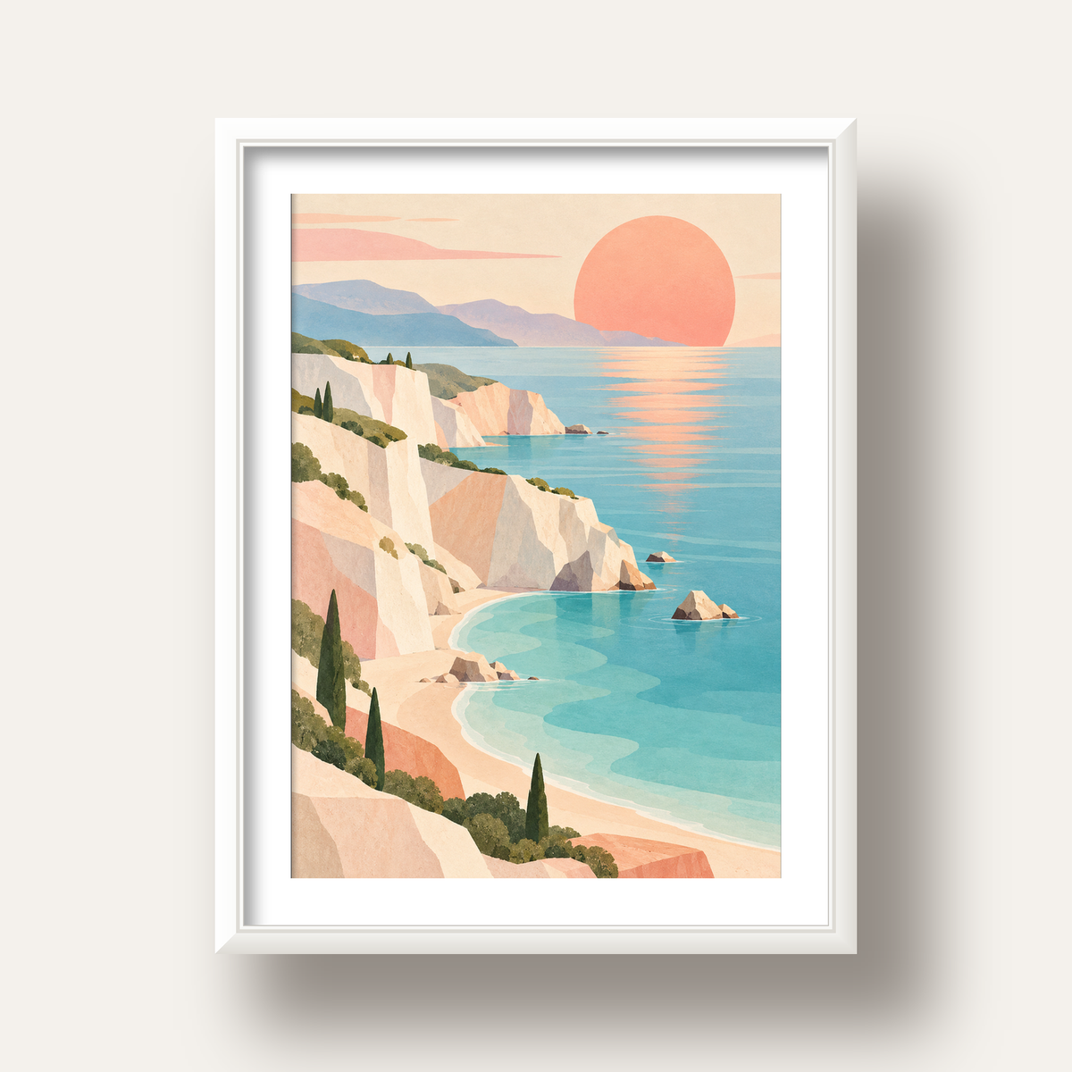 Soft Pastel Kayalık Sahil — beyaz derin çerçeveli paspartulu