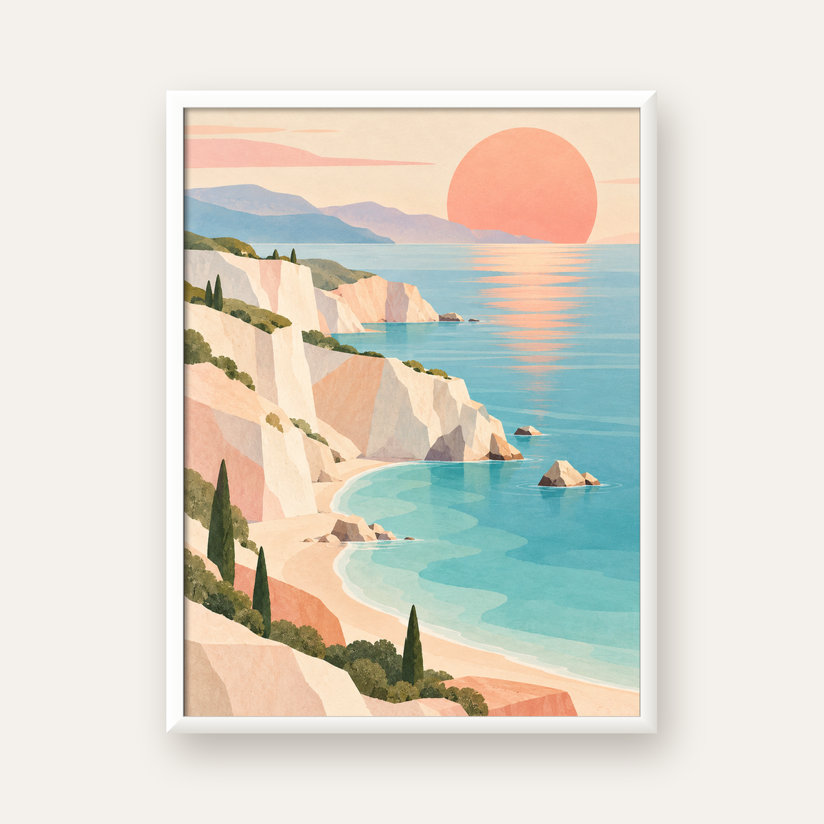 Soft Pastel Kayalık Sahil — beyaz çerçeveli dikey poster