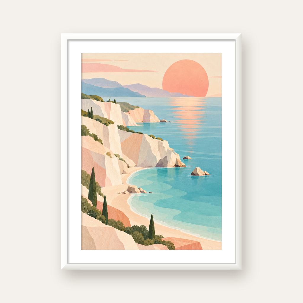 Soft Pastel Kayalık Sahil — beyaz çerçeveli dikey poster